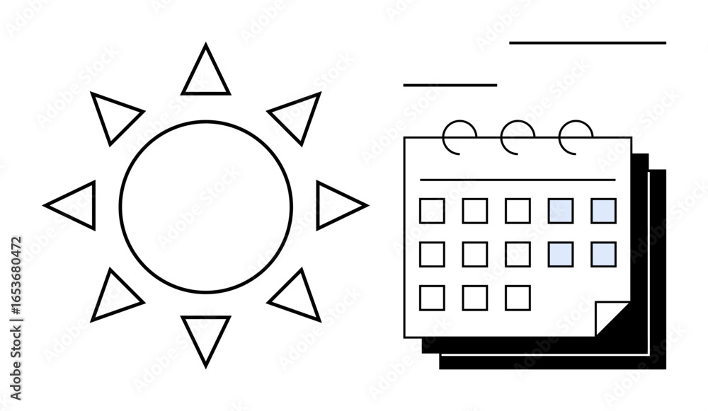 Aufkleber sun with rays next to a calendar displaying squares denoting days. ideal for daily scheduling, produ