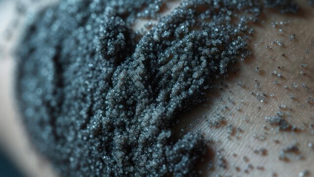 Shimmering Crystalline Landscape: Macro View of a Dark Exfoliating Scrub on Skin
