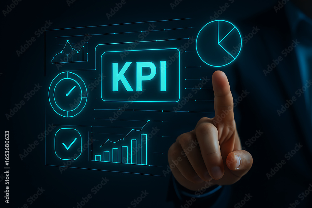 Poster modern futuristic kpi dashboard with neon glow showing key performance indicators and business insig