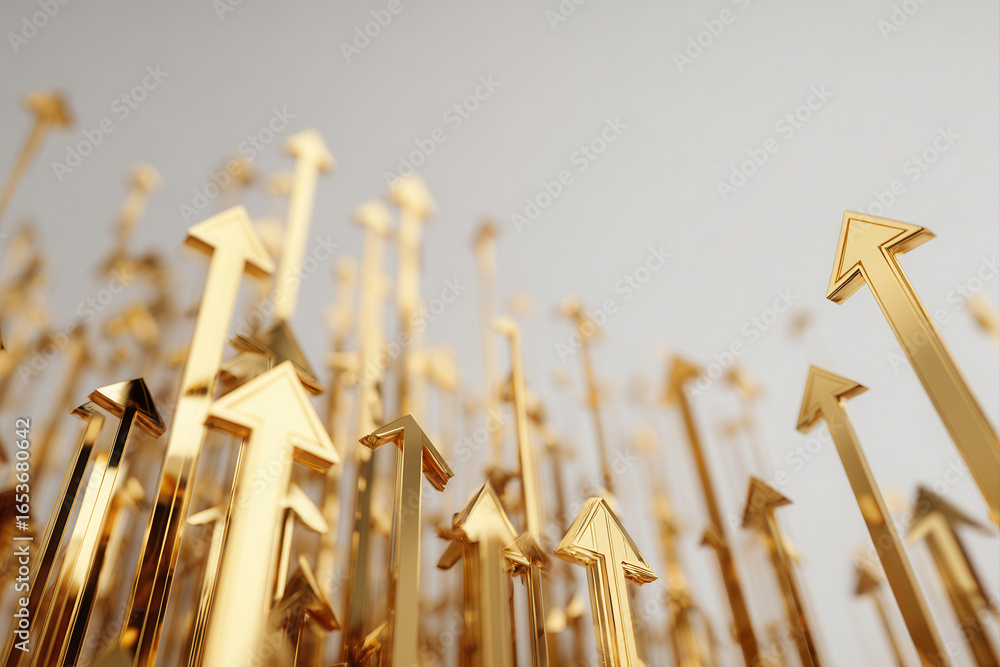 Poster clean abstract 3d render of ascending golden arrows symbolizing growth and success with bright and o