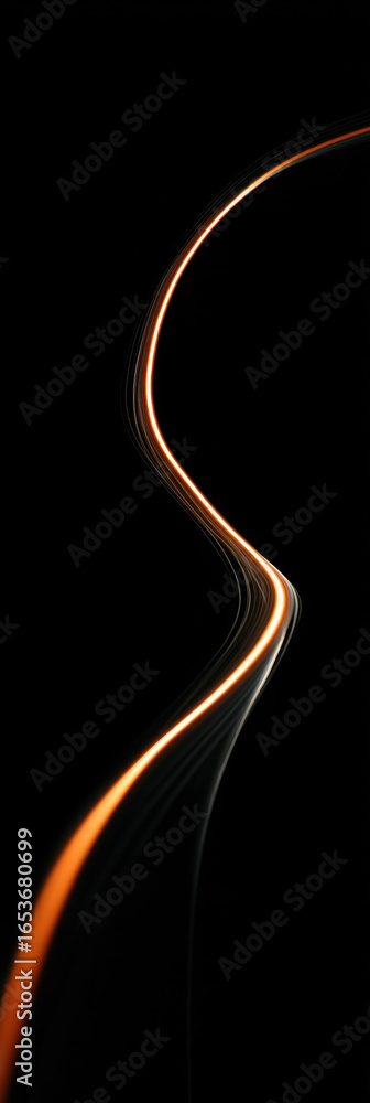 Poster smooth glowing orange light line curves elegantly on black background, creating sleek and modern abs