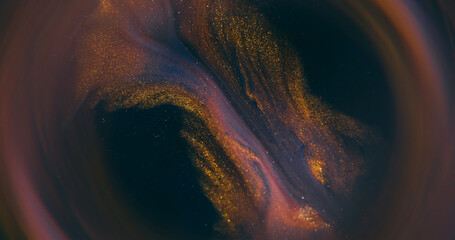 Shimmer paint. Flowing art. Defocused blue neon yellow colorful sparkling liquid splatter droplets...
