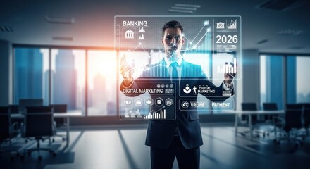 Man interacting with HUD in office, futuristic display with data