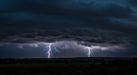 Dramatic Dark Sky with Bright Lightning Bolts Over Open Landscape During Thunderstorm