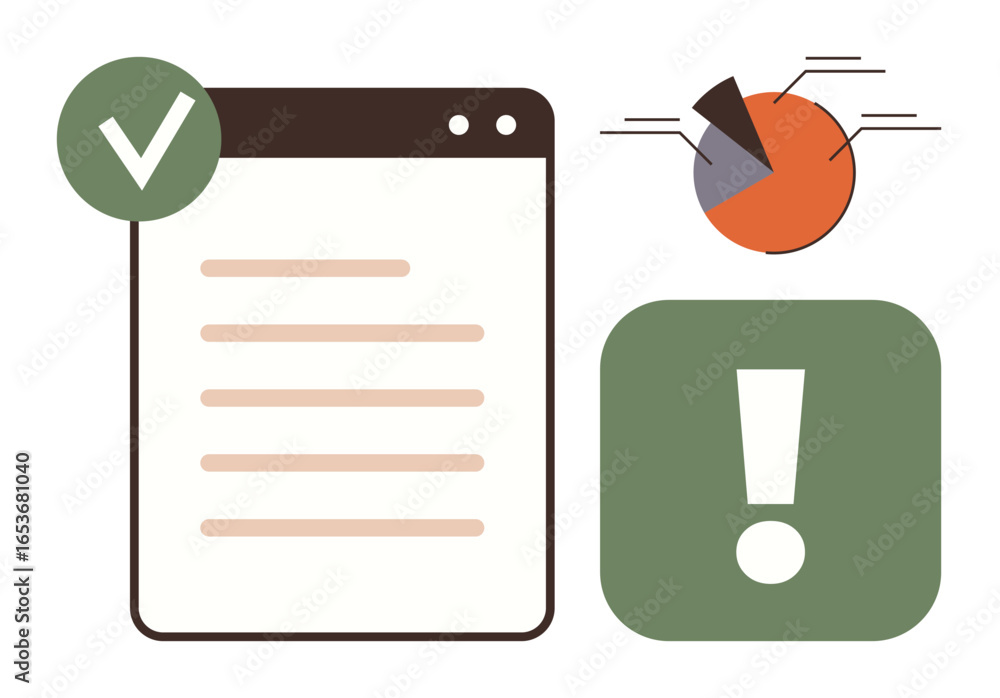 Poster checklist with a green checkmark, pie chart showing data distribution, and alert icon representing e
