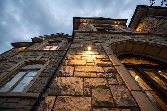 Low Angle View of a Luxurious Stone House at Dusk, Illuminated Exterior with Windows and... - Powered by Adobe