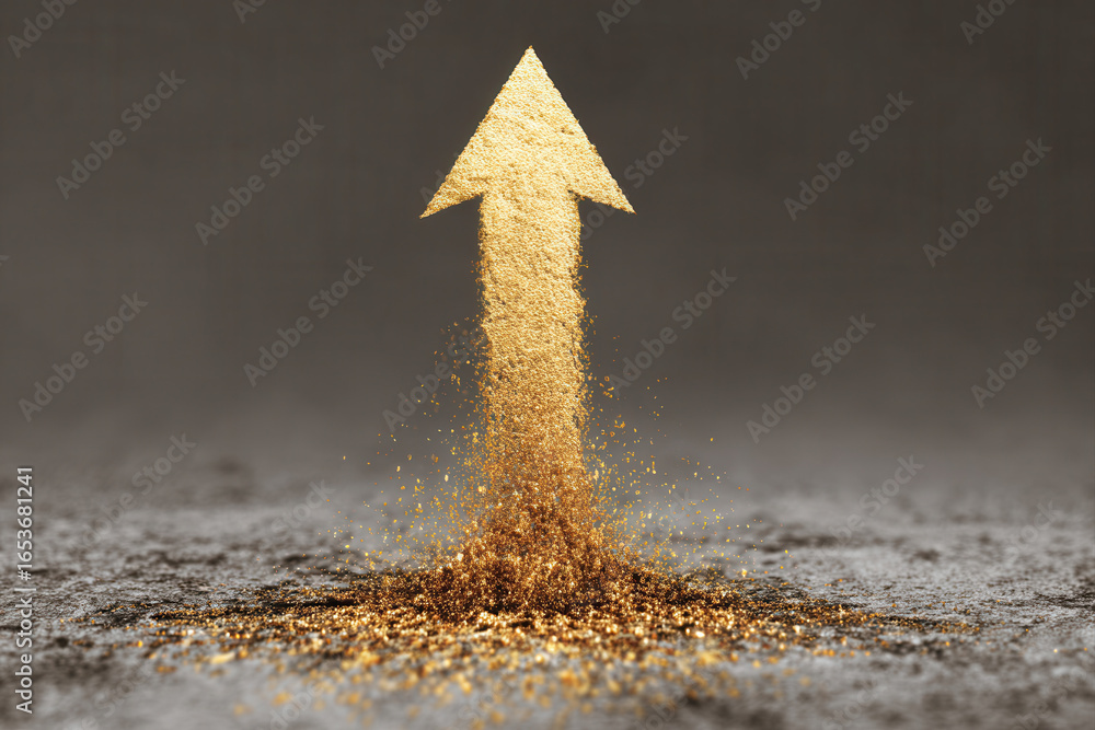 Poster creative image of single golden arrow pointing forward made of sparkling particles rising from groun