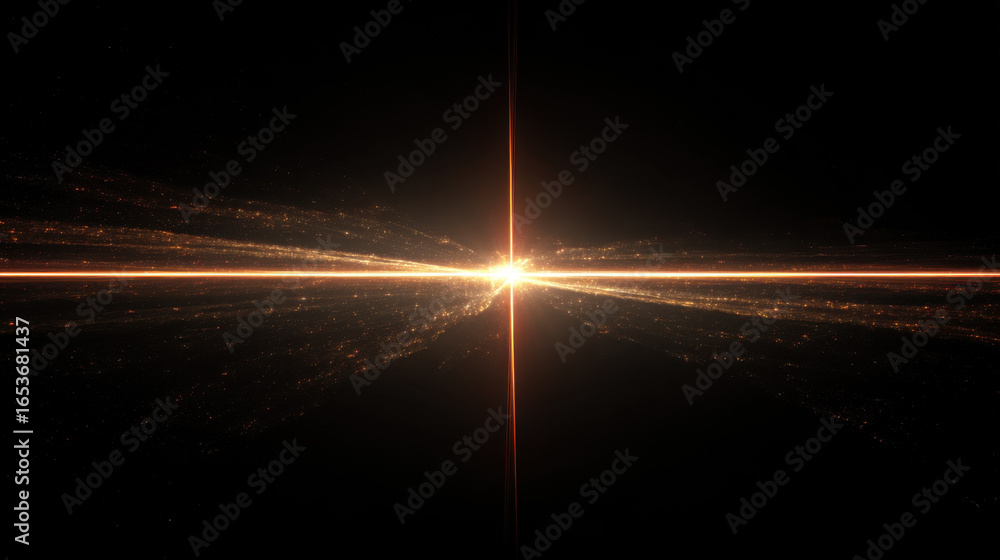 Poster bright orange light burst with horizontal and vertical beams radiates in dark space, creating glowin