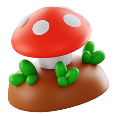 3D Render Cute red capped mushroom 3D character with green leaves on soil, ideal for games, apps, and branding visuals.