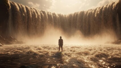 Solitary Figure Silhouetted Against Majestic Golden Waterfall in Turbulent Waters, Evoking Awe