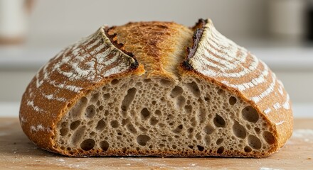Sourdough bread crust with flour dusting, airy crumb structure, blurred kitchen counter in the background.
