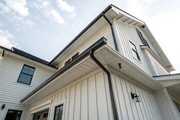 Modern Farmhouse Exterior with White Shiplap Siding and Black Gutters, Low Angle View