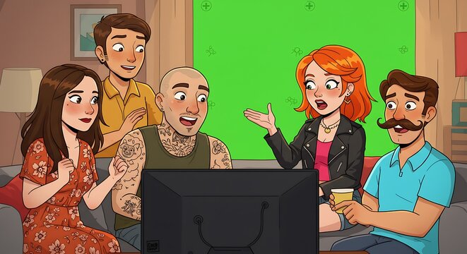 Group of Diverse People Watching Television and Engaging in Conversation in Cozy Living Room