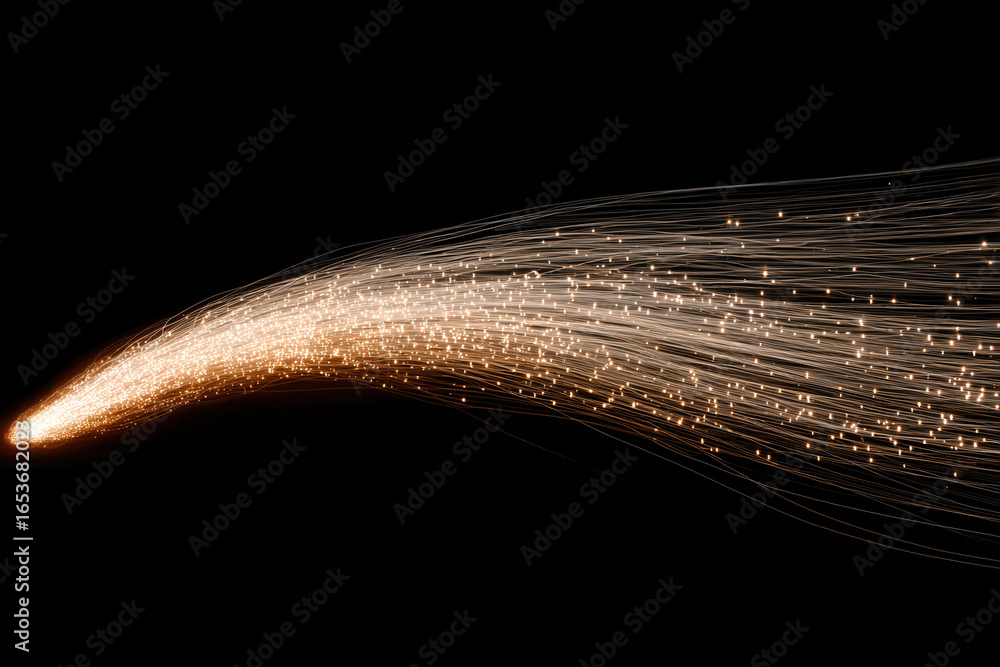 Poster dynamic visual of light trail resembling comet with glowing particles and streaks creating bright, e