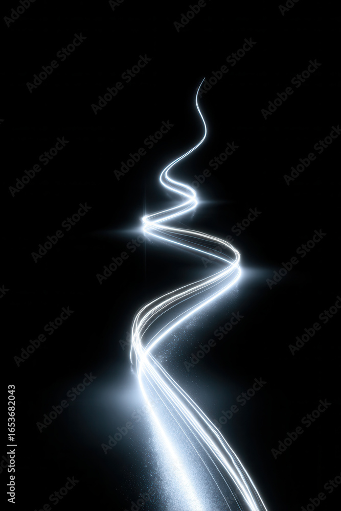 Poster glowing white light trail twists upward against dark background, creating dynamic and futuristic min