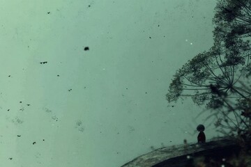 Fototapeta premium Misty, muted view from above, tiny figures, plant