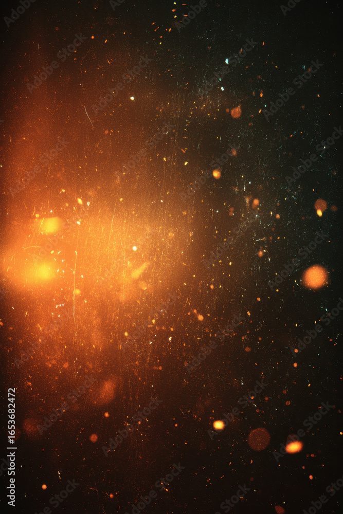 Poster warm glowing light with floating dust particles creating magical and cozy atmosphere in dark backgro