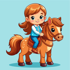 Cartoon girl riding a cute brown horse, wearing a blue vest and trousers, set against a plain blue background, cartoon illustration, fun and playful.