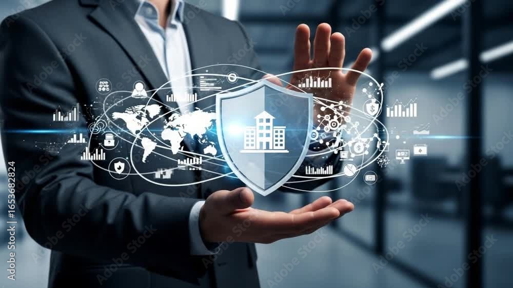 Poster man in suit presenting building security shield with global network and data visualization overlayed