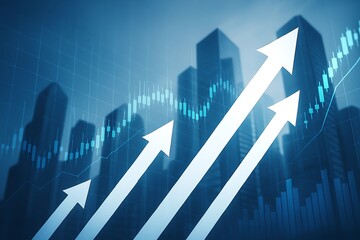 Upward trending financial growth arrows against a cityscape with stock market data