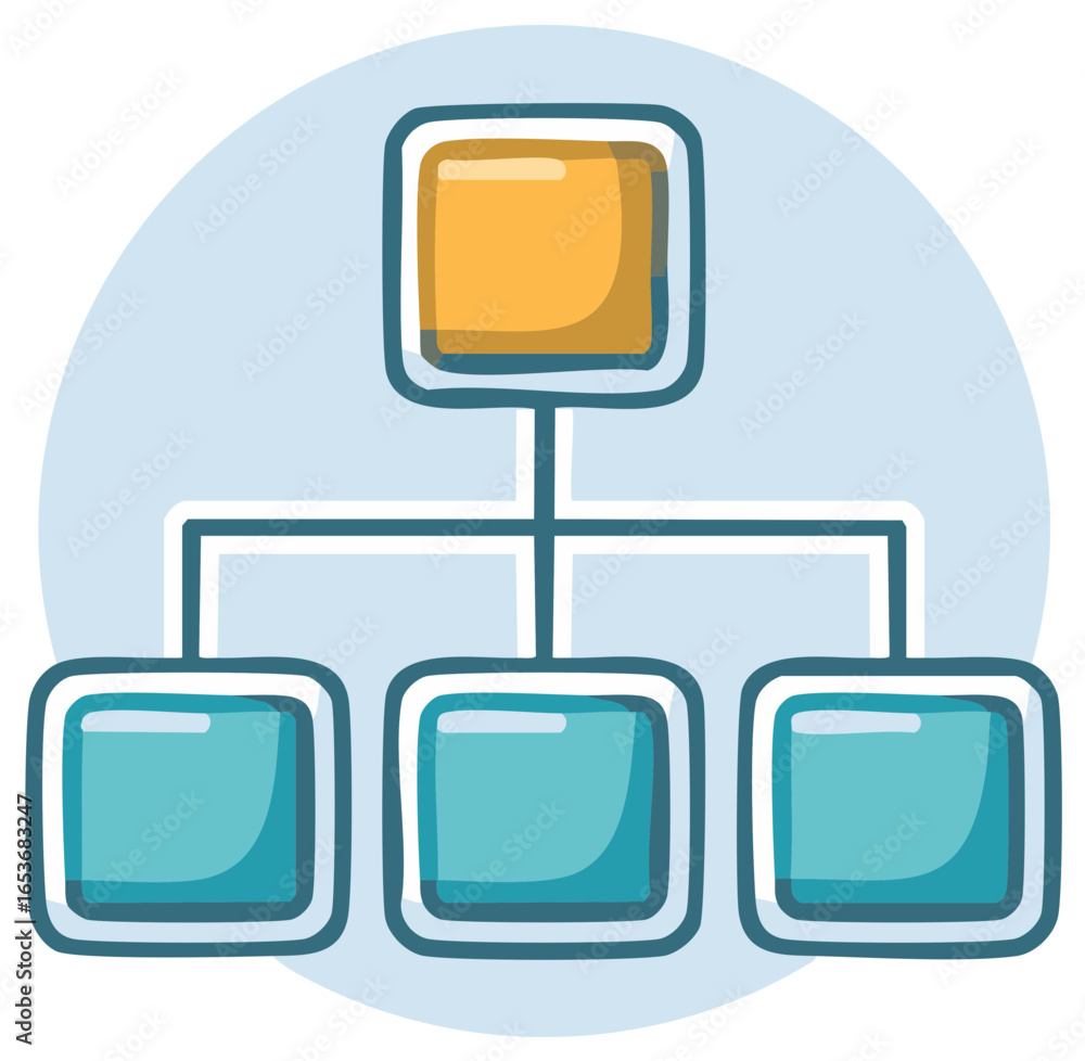 Aufkleber hierarchical organizational chart with connected boxes and a central node