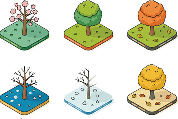 Fototapeta premium Isometric trees representing four seasons and winter