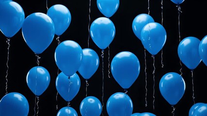 A collection of glossy blue balloons with silver strings against a solid black background - Powered by Adobe