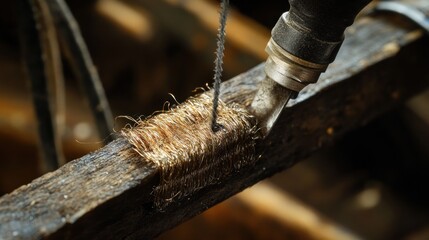 Close-up of a wood carving with a power saw, artisan workshop setting