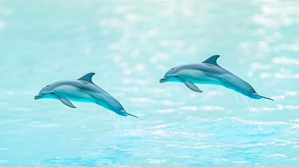 Fototapeta premium Two dolphins leaping gracefully through clear blue tropical waters