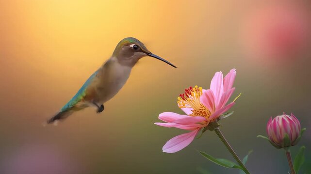 Hummingbird's delicate dance, nectar quest in slow motion floral close up