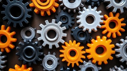 Close-up of many colorful gears and cogs arranged together in a pile.