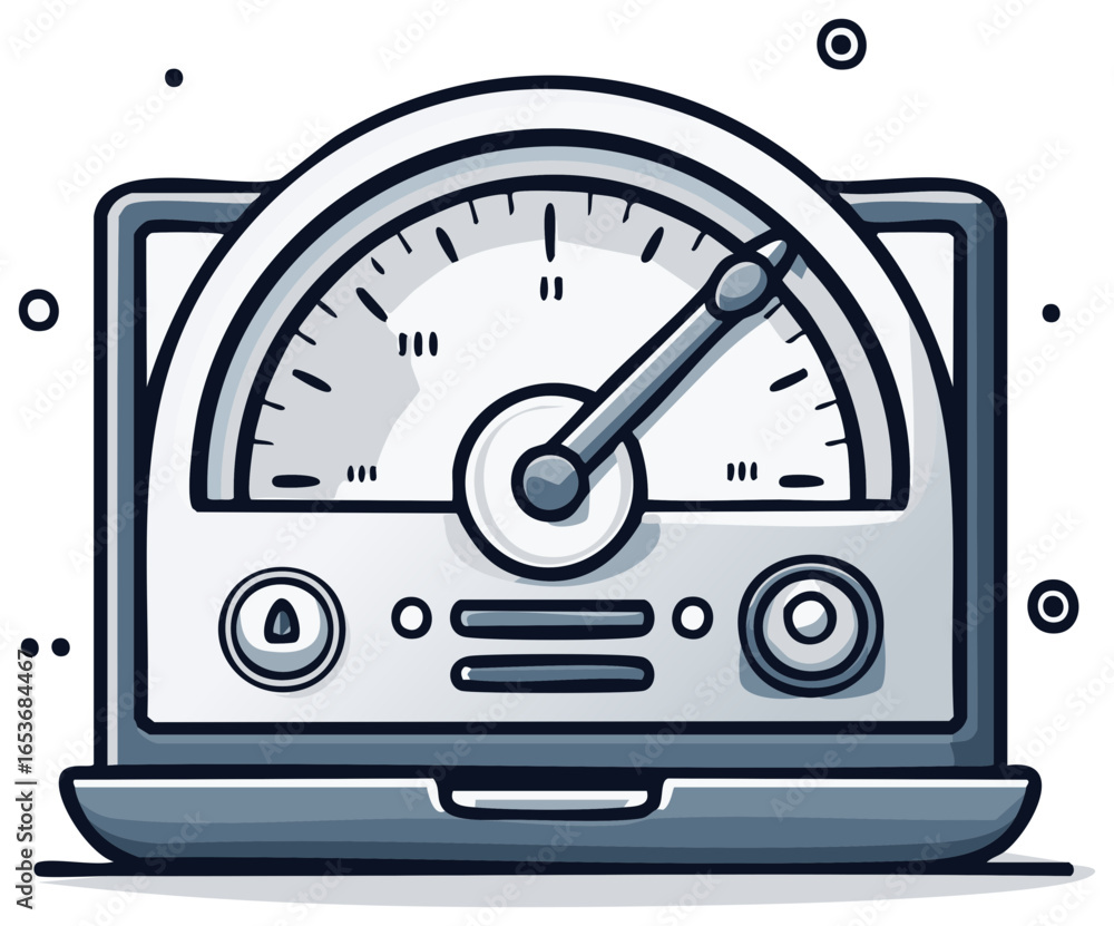 Poster illustration of a laptop with a speedometer on the screen, indicating data flow and internet speed.