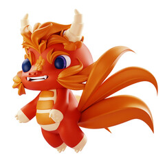 3D Render Vibrant orange 3D dragon character with blue eyes, horns, and flowing tails for mascots, games, and branding.