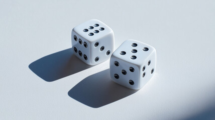 Two white dice showing numbers on a surface