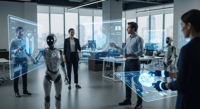 Office scene people interact with futuristic holograms and humanoid robots