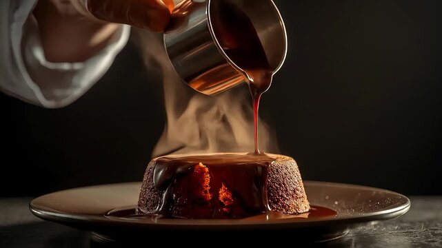 Indulgent dessert experience, molten treat with decadent sauce cascade moment