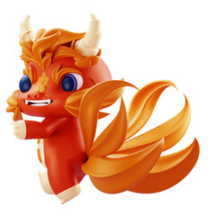3D Render 3D orange dragon mascot with blue eyes, horns, and flowing tail; ideal for branding and promotional visuals.