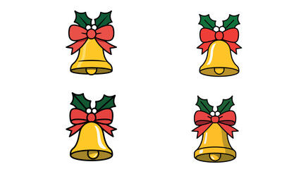 Fototapeta premium Christmas golden bells with red bow and green holly decoration illustration 