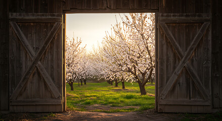 Fototapeta premium Scenic view of an orchard in full bloom, framed by open barn doors, capturing natural light.