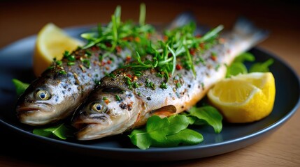 Lemon replacing salt on steamed healthy fish dish concept. Freshly cooked fish garnished with herbs and lemon slices.