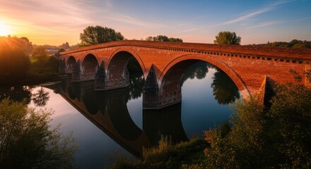 Red brick bridge spans water at sunset. Reflections glow in still river