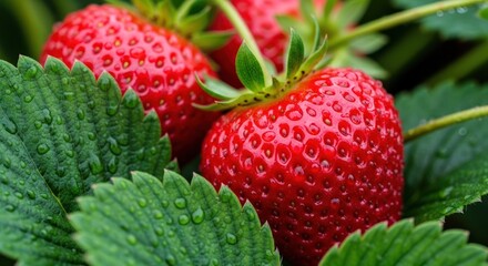 Ripe, red strawberries nestled among lush, green leaves dotted with dew