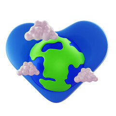 3D Render 3D globe inside a blue heart, with clouds; ideal for environmental campaigns, sustainability, green marketing, and eco-friendly branding.