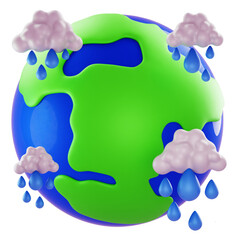 3D Render Stylized Earth globe with rainfall clouds and droplets; ideal for climate, sustainability, and weather campaigns in web design.