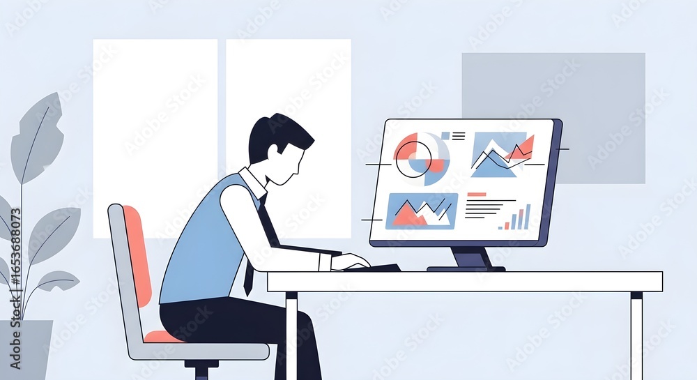 Poster focused businessman analyzing financial charts on computer screen, symbolizing growth and data-drive