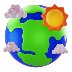 3D Render Cartoon globe with sun and clouds; versatile for global themes and sustainability marketing.