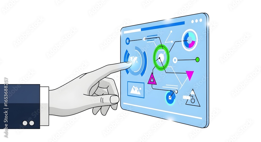 Poster professional hand interacts with futuristic digital dashboard displaying global data and analytics f