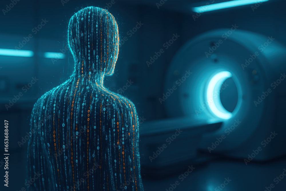 Poster futuristic ai medical concept showing digital human figure with binary code standing near glowing mr