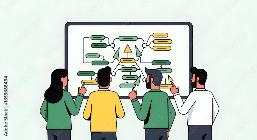 Fototapete diverse team collaborates on complex flowchart projected on a large screen, symbolizing strategic pl