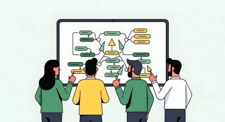 Diverse team collaborates on complex flowchart projected on a large screen, symbolizing strategic planning and problem-solving for business growth.